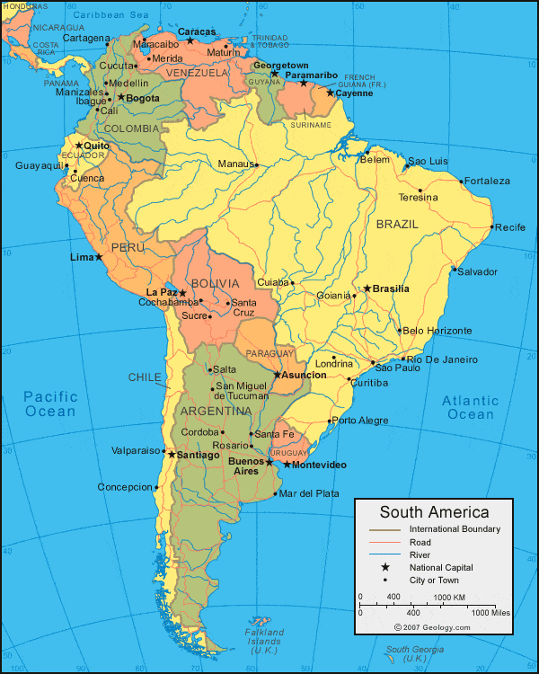South America Continent Countries & Capitals, Currency with Code