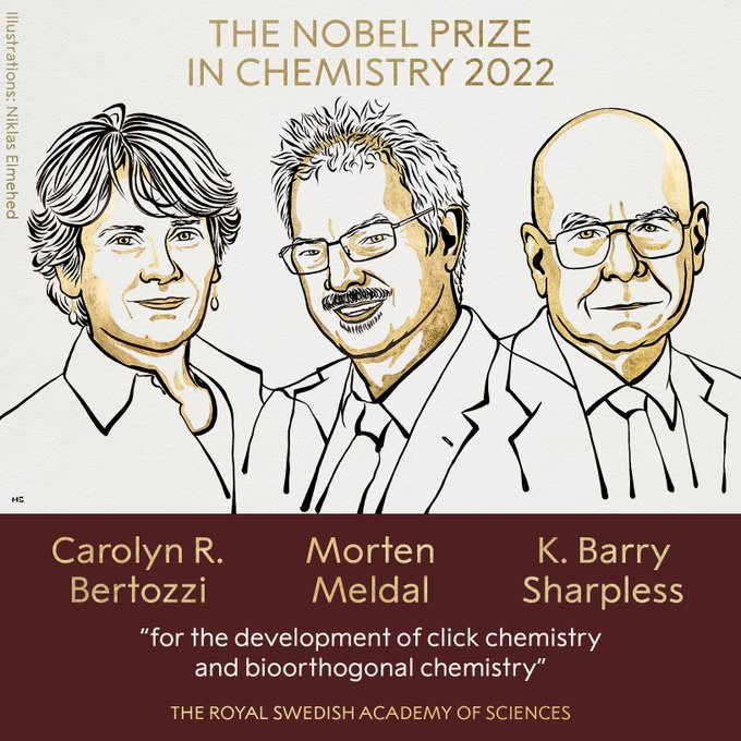 2022 Nobel Prize in Chemistry to Carolyn R. Bertozzi, Morten Meldal and K. Barry Sharpless “for the development of click chemistry and bioorthogonal chemistry.”